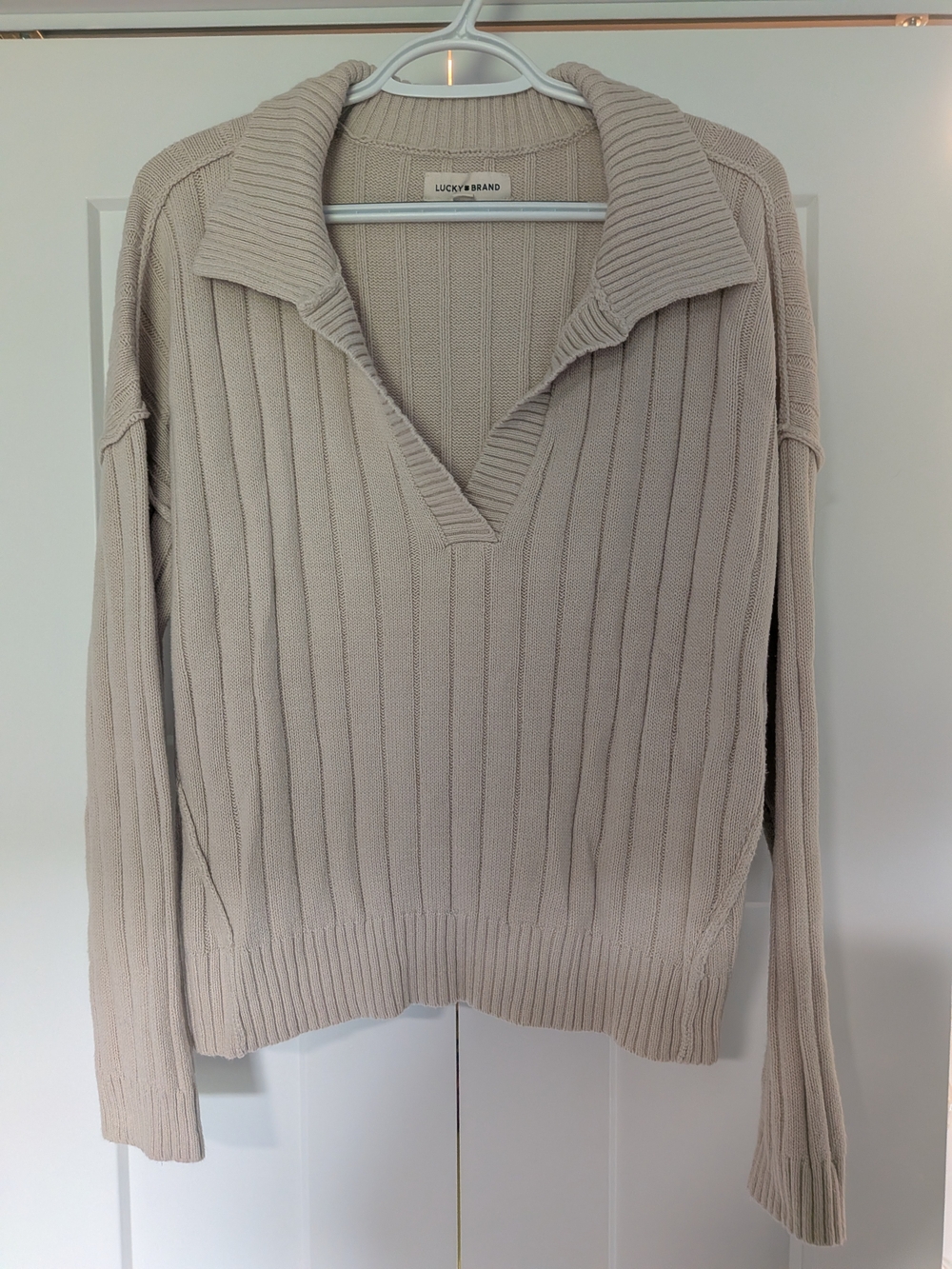 Lucky Brand Women's Solid Beige Rib-Knit V-Neck Pullover Sweater Size L